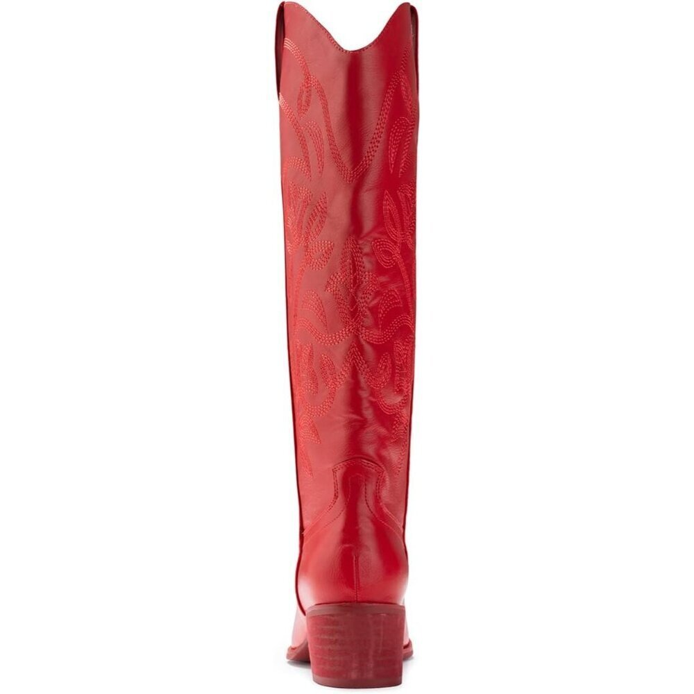 Women's Red 1 Pointy Toe Faux Leather Western Cowgirl Mid Calf Boots - Picture 5 of 6